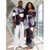 Vintage Couple Outfit Colorblock Irregular Geometric Print Foldover Off the Shoulder Ruched Bodycon Dress and Long Sleeve Shirt Set - multicolor A S | US 4