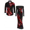 Vintage Party Couple Outfit Red Lily Floral Print Foldover Off the Shoulder Ruched Bodycon Dress and Long Sleeve Shirt Set - Noir S | US 4