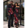 Vintage Party Couple Outfit Red Lily Floral Print Foldover Off the Shoulder Ruched Bodycon Dress and Long Sleeve Shirt Set - Noir S | US 4