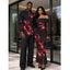 Vintage Party Couple Outfit Red Lily Floral Print Foldover Off the Shoulder Ruched Bodycon Dress and Long Sleeve Shirt Set - Noir S | US 4