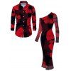Vintage Couple Outfit Large Red Floral Print Mesh Panel Skew Neck Bodycon Dress and Long Sleeve Shirt Set - Noir S | US 4