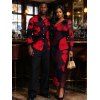 Vintage Couple Outfit Large Red Floral Print Mesh Panel Skew Neck Bodycon Dress and Long Sleeve Shirt Set - Noir S | US 4