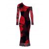 Vintage Couple Outfit Large Red Floral Print Mesh Panel Skew Neck Bodycon Dress and Long Sleeve Shirt Set - Noir S | US 4