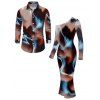 Vintage Couple Outfit Tie Dye Ink Painting Print Mesh Panel Skew Neck Bodycon Dress and Long Sleeve Shirt Set - marron foncé S | US 4