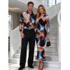 Vintage Couple Outfit Tie Dye Ink Painting Print Mesh Panel Skew Neck Bodycon Dress and Long Sleeve Shirt Set - marron foncé S | US 4
