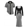 Winter Couple Outfit Monochrome Radial Striped Polka Dots U Neck Mermaid Bodycon Dress and Knitted Shirt Set - Noir S | US 4
