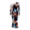 Vintage Dress Tie Dye Ink Painting Print Mesh Panel Skew Neck Long Sleeve Bodycon Dress - marron foncé S | US 4