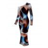 Vintage Dress Tie Dye Ink Painting Print Mesh Panel Skew Neck Long Sleeve Bodycon Dress - marron foncé S | US 4