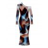 Vintage Dress Tie Dye Ink Painting Print Mesh Panel Skew Neck Long Sleeve Bodycon Dress - marron foncé XL | US 12