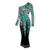 Vintage Party Dress Ombre Leopard Print Mesh Panel Skew Neck Long Sleeve Bodycon Dress - Noir L | US 8-10