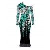 Vintage Party Dress Ombre Leopard Print Mesh Panel Skew Neck Long Sleeve Bodycon Dress - Noir M | US 6