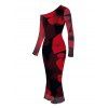 Elegant Party Dress Large Red Floral Print Mesh Panel Skew Neck Long Sleeve Bodycon Dress - Noir S | US 4