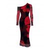 Elegant Party Dress Large Red Floral Print Mesh Panel Skew Neck Long Sleeve Bodycon Dress - Noir S | US 4