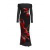 Vintage Party Dress Red Lily Floral Print Foldover Off the Shoulder Ruched Long Sleeve Bodycon Dress - Noir M | US 6