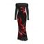 Vintage Party Dress Red Lily Floral Print Foldover Off the Shoulder Ruched Long Sleeve Bodycon Dress - Noir L | US 8-10