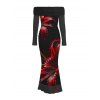 Vintage Party Dress Red Lily Floral Print Foldover Off the Shoulder Ruched Long Sleeve Bodycon Dress - Noir L | US 8-10