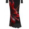 Vintage Party Dress Red Lily Floral Print Foldover Off the Shoulder Ruched Long Sleeve Bodycon Dress - Noir L | US 8-10