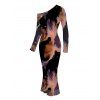 Vacation Dress Abstract Fluid Marble Tie Dye Print Mesh Panel Skew Neck Long Sleeve Bodycon Dress - Noir M | US 6