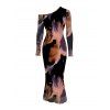 Vacation Dress Abstract Fluid Marble Tie Dye Print Mesh Panel Skew Neck Long Sleeve Bodycon Dress - Noir S | US 4