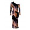 Vacation Dress Abstract Fluid Marble Tie Dye Print Mesh Panel Skew Neck Long Sleeve Bodycon Dress - Noir M | US 6