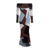 Vintage Dress Colorblock Irregular Geometric Print Foldover Off the Shoulder Ruched Long Sleeve Bodycon Dress - multicolor A S | US 4