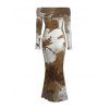 Vintage Vacation Dress Tropical Palm Leaf Print Ruched Foldover Off the Shoulder Long Sleeve Bodycon Dress - Brun XXL | US 14