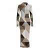 Vintage Shirt Dress Colorblock Geometric Triangle Print Ruched Button Up Long Sleeve Bodycon Slit Dress - café M | US 6