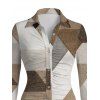 Vintage Shirt Dress Colorblock Geometric Triangle Print Ruched Button Up Long Sleeve Bodycon Slit Dress - café XL | US 12