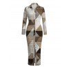 Vintage Shirt Dress Colorblock Geometric Triangle Print Ruched Button Up Long Sleeve Bodycon Slit Dress - café XL | US 12