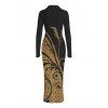 Vintage Shirt Dress Golden Scroll Vine Print Ruched Button Up Long Sleeve Bodycon Slit Dress - Noir S | US 4