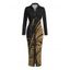 Vintage Shirt Dress Golden Scroll Vine Print Ruched Button Up Long Sleeve Bodycon Slit Dress - Noir XXL | US 14