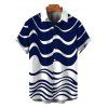 Men's Casual Shirt Colorblock Wave Striped Print Button Up Short Sleeve Shirt - Bleu profond 5XL