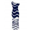 Elegant Dress Colorblock Wave Striped Print Skew Neck Bodycon Dress - Bleu profond M | US 6