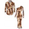 Vintage Couple Outfit Tie Dye Print Skew Neck Mesh Panel Bodycon Dress and Long Sleeve Shirt Set - Brun S | US 4