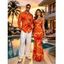 Vacation Couple Outfit Tropical Hibiscus Floral Print Spaghetti Strap Mermaid Dress and Long Sleeve Shirt Set - Orange S | US 4