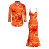 Vacation Couple Outfit Tropical Hibiscus Floral Print Spaghetti Strap Mermaid Dress and Long Sleeve Shirt Set - Orange S | US 4