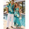 Vacation Couple Outfit Gold Vein Fluid Marble Print Crisscross Draped Mesh Panel Mermaid Bodycon Dress and Short Sleeve Shirt Set - Turquoise Foncée S | US 4