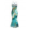 Vacation Couple Outfit Gold Vein Fluid Marble Print Crisscross Draped Mesh Panel Mermaid Bodycon Dress and Short Sleeve Shirt Set - Turquoise Foncée S | US 4