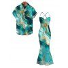 Vacation Couple Outfit Gold Vein Fluid Marble Print Crisscross Draped Mesh Panel Mermaid Bodycon Dress and Short Sleeve Shirt Set - Turquoise Foncée S | US 4