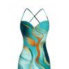 Vacation Couple Outfit Gold Vein Fluid Marble Print Crisscross Draped Mesh Panel Mermaid Bodycon Dress and Short Sleeve Shirt Set - Turquoise Foncée S | US 4