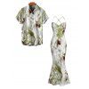 Vintage Vacation Couple Outfit Ink Painting Tie Dye Print Mesh Panel Draped Crisscross Mermaid Bodycon Dress and Short Sleeve Shirt Set - Vert clair S | US 4