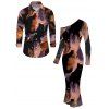 Vacation Couple Outfit Abstract Fluid Marble Tie Dye Print Mesh Panel Skew Neck Bodycon Dress and Long Sleeve Shirt Set - Noir S | US 4