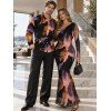 Vacation Couple Outfit Abstract Fluid Marble Tie Dye Print Mesh Panel Skew Neck Bodycon Dress and Long Sleeve Shirt Set - Noir S | US 4