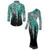 Vintage Couple Outfit Ombre Leopard Print Mesh Panel Skew Neck Bodycon Dress and Long Sleeve Shirt Set - Noir S | US 4