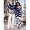 Daily Couple Outfit Colorblock Wave Striped Print Skew Neck Bodycon Dress and Short Sleeve Shirt Set - Turquoise Foncée S | US 4