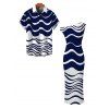 Daily Couple Outfit Colorblock Wave Striped Print Skew Neck Bodycon Dress and Short Sleeve Shirt Set - Turquoise Foncée S | US 4