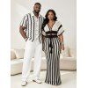 Bohemian Couple Outfit Colorblock Hollow Out V Neck Cropped Top Striped Tied Knitted Bodycon Skirt and Geometric Print Shirt Set - WHITE S | US 4