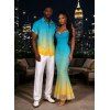 Vacation Couple Outfit Ombre Crisscross Mesh Panel Draped Spaghetti Strap Bodycon Dress and Shirt Set - multicolor S | US 4