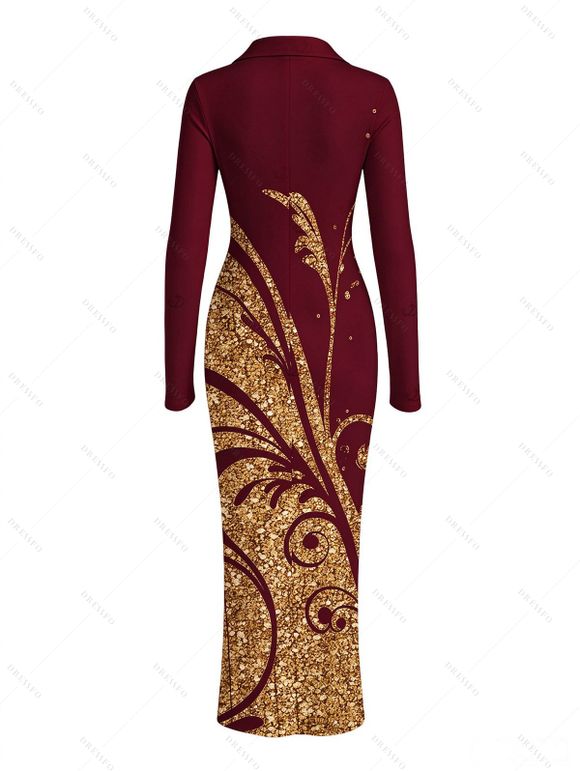 Vintage Shirt Dress Golden Scroll Vine Print Ruched Button Up Long Sleeve Bodycon Slit Dress - Rouge Vineux XL | US 12