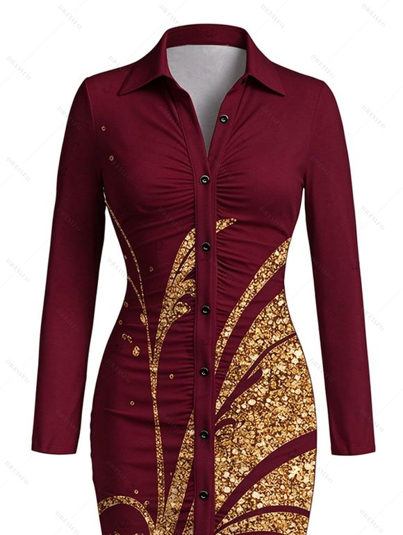 Vintage Shirt Dress Golden Scroll Vine Print Ruched Button Up Long Sleeve Bodycon Slit Dress - Rouge Vineux XL | US 12